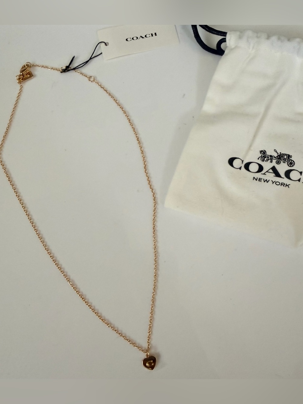 Coach Gold Tone Cable Chain Necklace Heart Charm Pendant Adjustable Signed